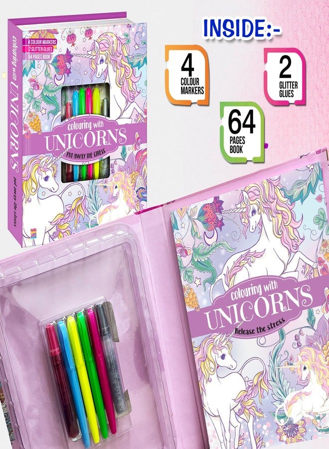 BRIJBASI Hello Friend Unicorns Colouring Combo Kit with 4 Neon Pens & 2 Glitter Tubes + 32 Pages Colouring Pad, 4+ yrs. - Image 3